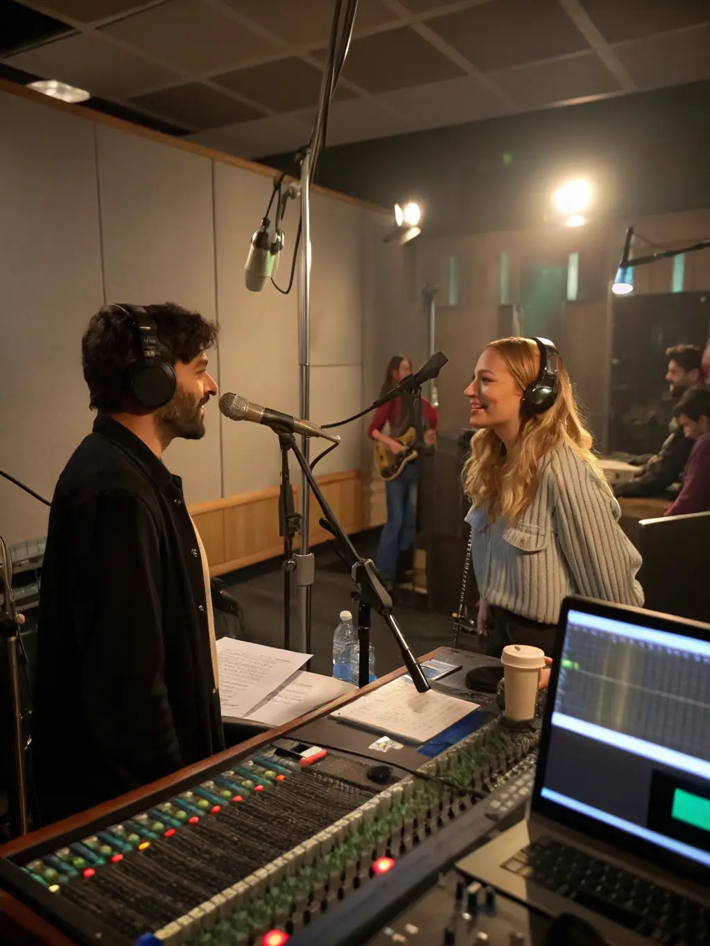 A photograph of a recording session in progress, featuring DUO DES VOIX LIEES members working with professional recording equipment. The atmosphere is collaborative and focused, highlighting the organization's support for recording techniques.