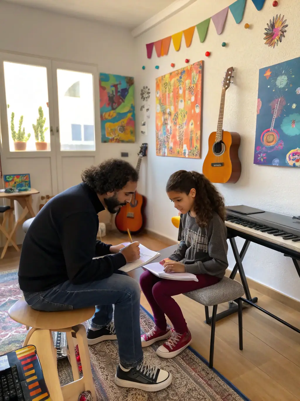 A mentor guiding a young musician through career options, set in a modern office with musical instruments subtly placed in the background.
