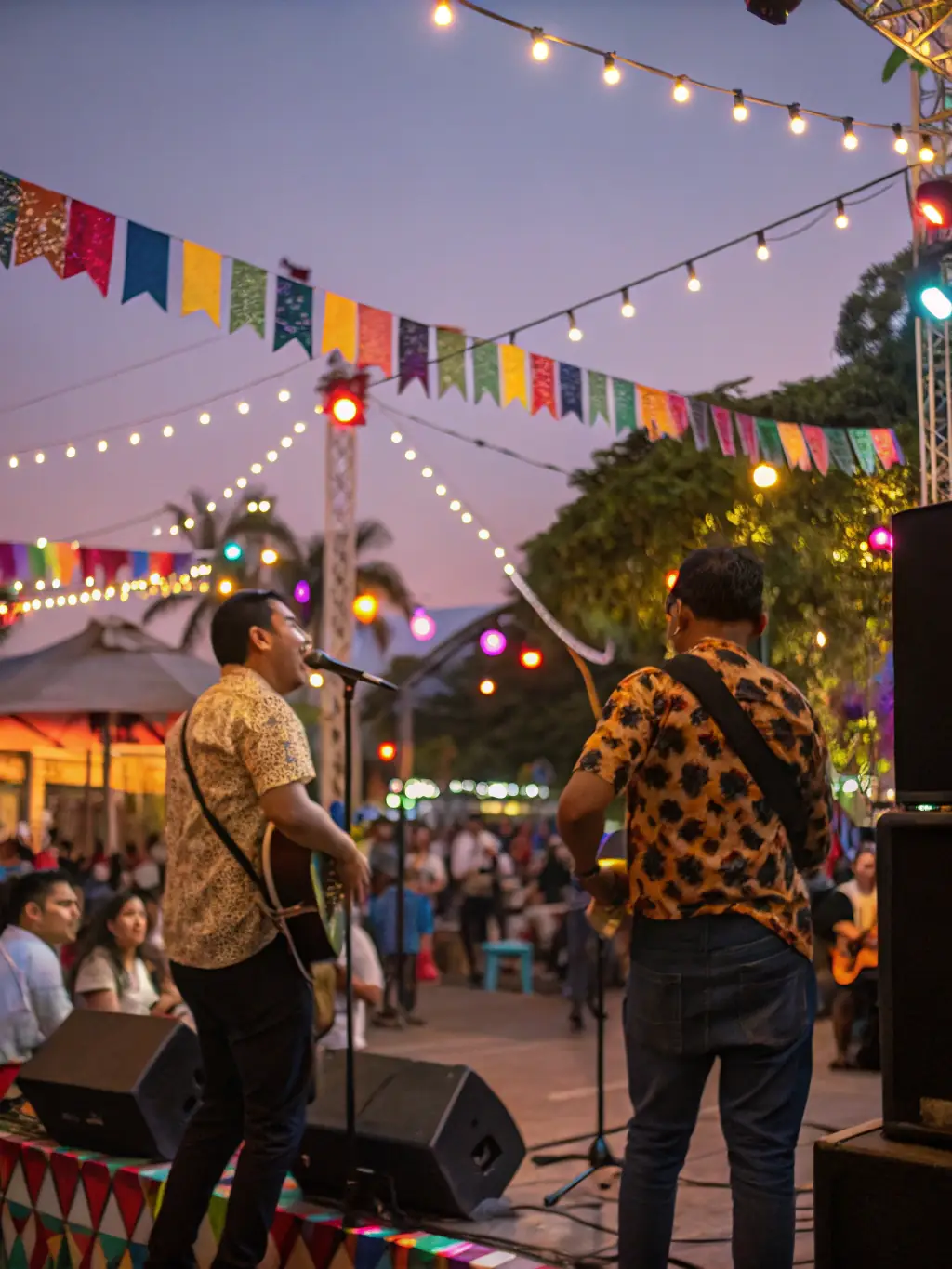 A dynamic image of a band performing on stage at a local music festival, with a diverse audience enjoying the performance.