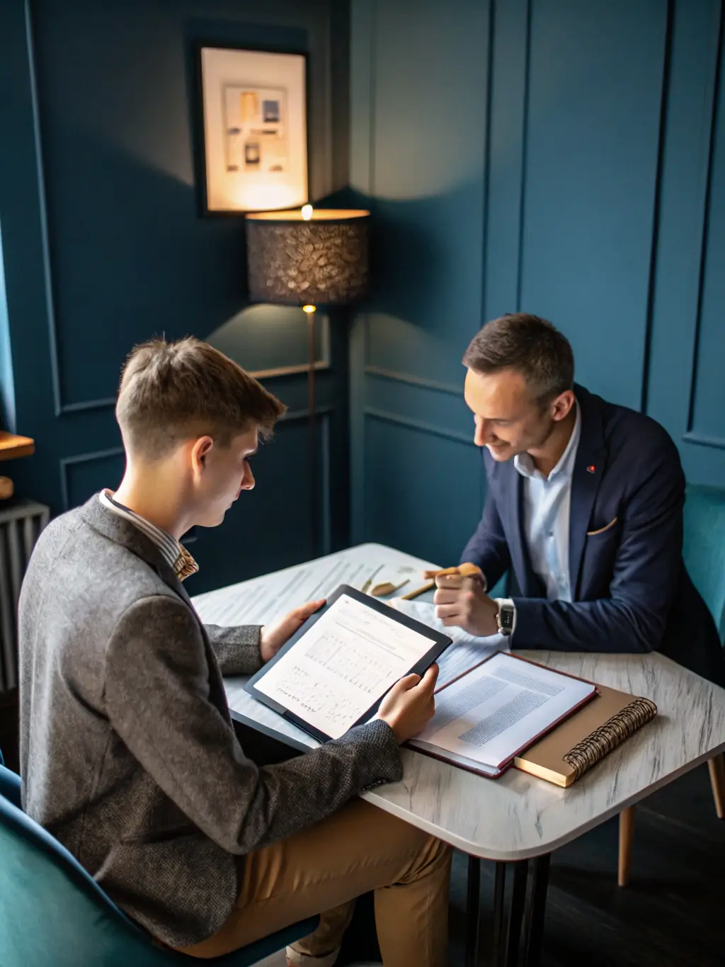 A picture of a DUO DES VOIX LIEES member receiving guidance on administrative tasks, such as grant writing or financial management, from a mentor or staff member. The setting is an office or co-working space.