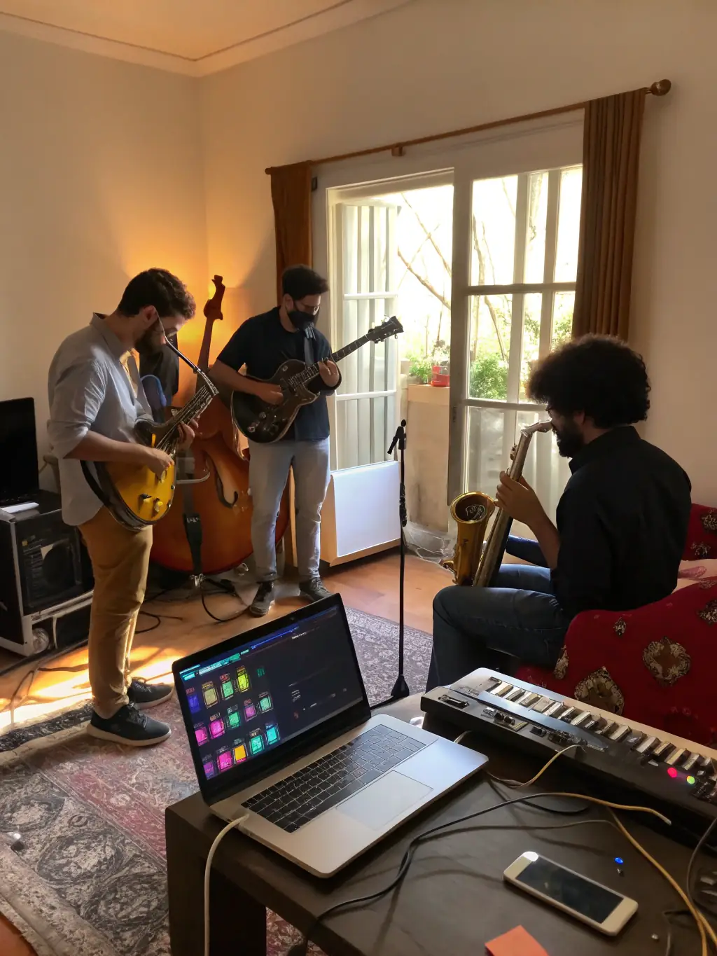 A group of musicians collaborating during a songwriting workshop facilitated by DUO DES VOIX LIEES, showcasing the collaborative environment.