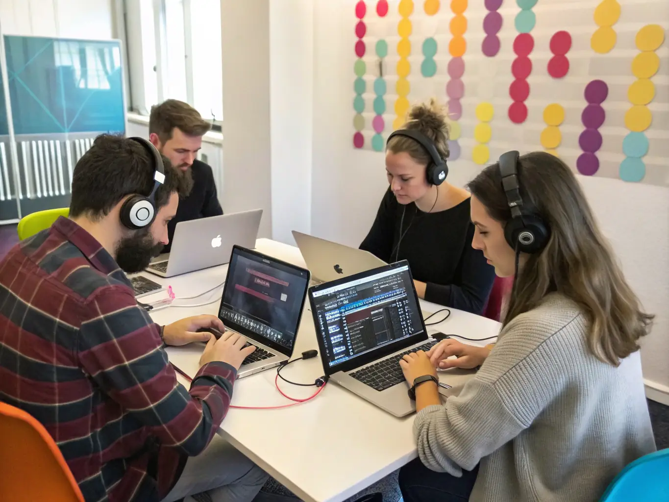 A dynamic image of a group of musicians collaborating during a workshop, showcasing teamwork and creative exchange.