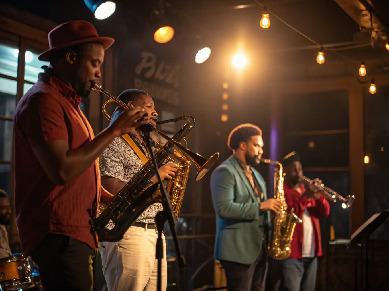 A vibrant photo of a group of artists performing together on stage, highlighting the collaborative spirit and performance opportunities facilitated by DUO DES VOIX LIEES.