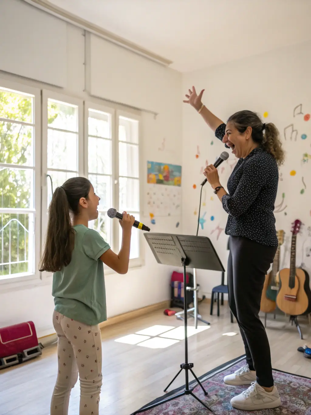 A photograph of a vocal coach working with a singer in a recording studio, demonstrating the personalized training provided by DUO DES VOIX LIEES.