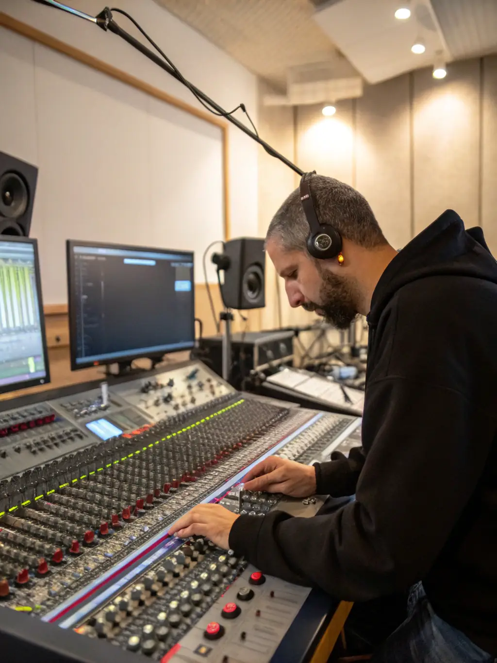 A close-up shot of a sound engineer working at a mixing console in a professional recording studio, focusing on the intricate details of the equipment and the focused expression of the engineer.