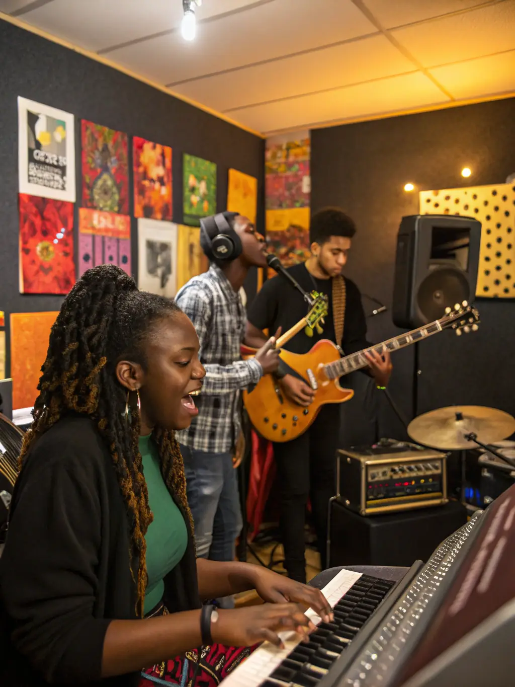 A photograph of DUO DES VOIX LIEES members collaborating on a group project, such as a performance or recording. The atmosphere is supportive and collaborative, highlighting the organization's emphasis on teamwork and mutual support.