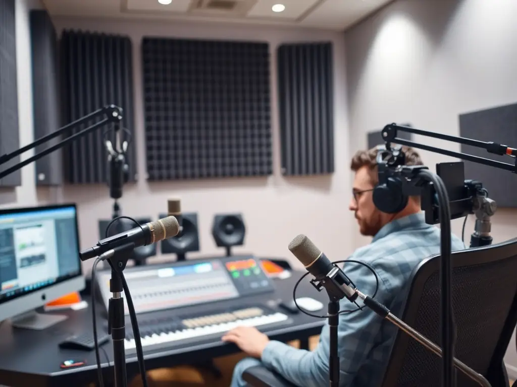 A photograph capturing a recording session in a professional studio, showcasing an artist receiving guidance from a sound engineer, emphasizing the practical skills development offered by DUO DES VOIX LIEES.