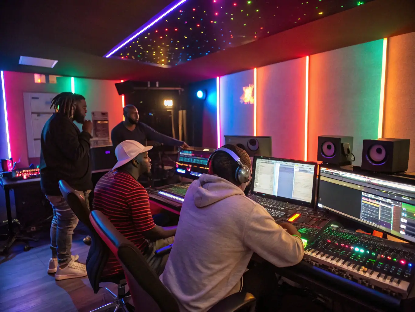 A group of musicians collaborating in a recording studio, showcasing the Artist Development Program.