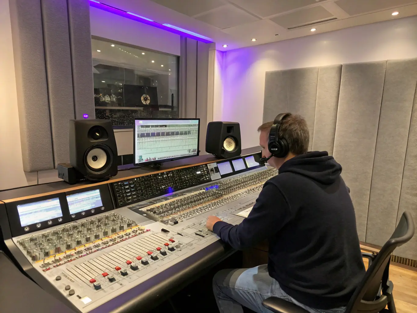 A photograph of a recording studio session, featuring a sound engineer working with a vocalist. The setting is professional, highlighting the technical aspects of music production.