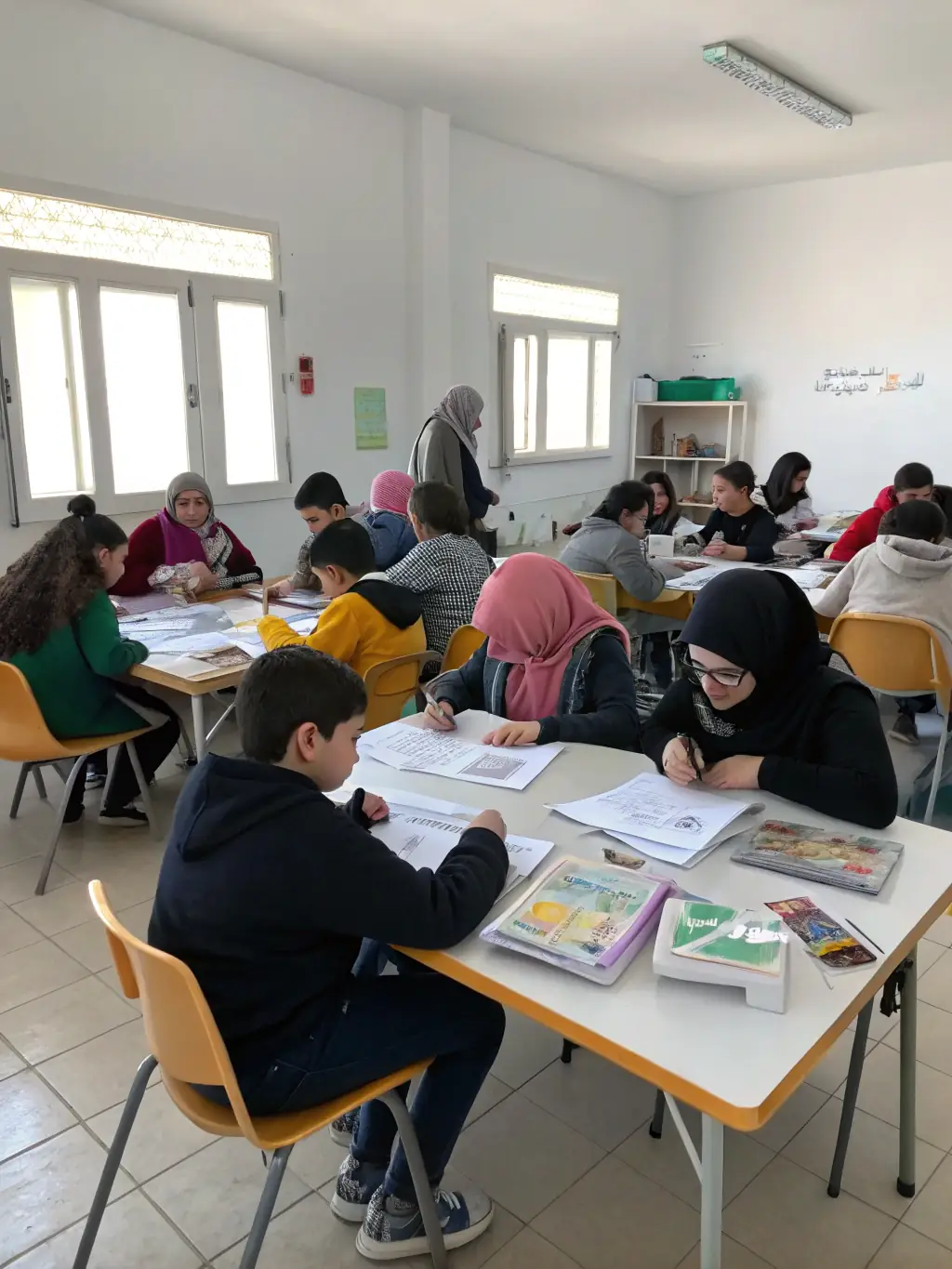 A photo of DUO DES VOIX LIEES members participating in a group workshop on communication and marketing strategies. The workshop is interactive and engaging, with members actively participating in discussions and activities.